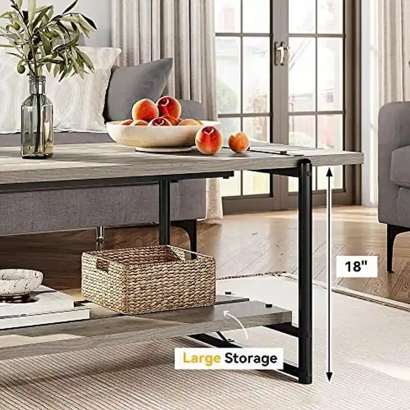 2-Tier Farmhouse Industrial Coffee Table with Lower Storage Shelf Steel Frame