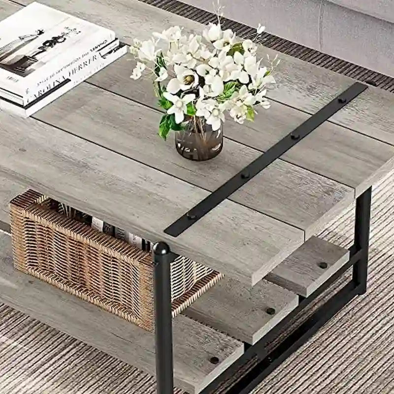 2-Tier Farmhouse Industrial Coffee Table with Lower Storage Shelf Steel Frame