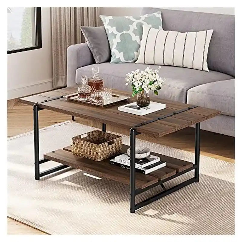 2-Tier Farmhouse Industrial Coffee Table with Lower Storage Shelf Steel Frame