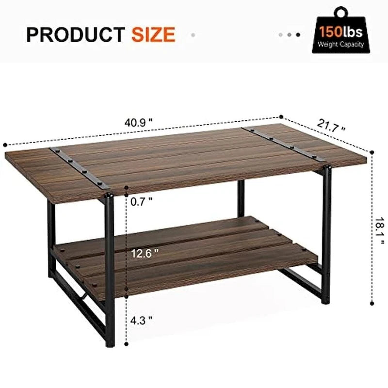 2-Tier Farmhouse Industrial Coffee Table with Lower Storage Shelf Steel Frame