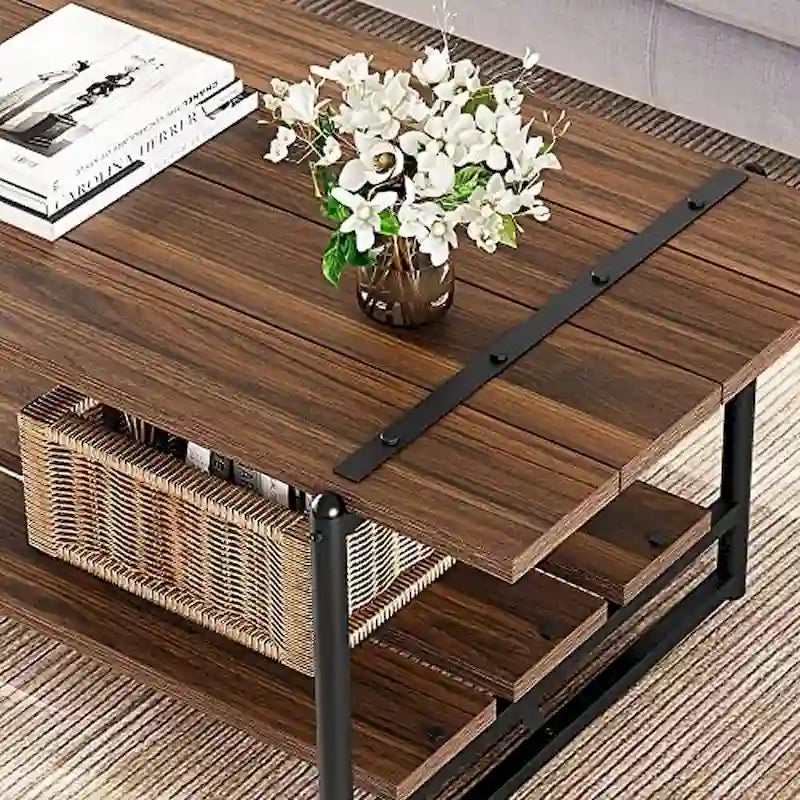 2-Tier Farmhouse Industrial Coffee Table with Lower Storage Shelf Steel Frame