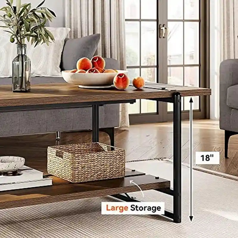 2-Tier Farmhouse Industrial Coffee Table with Lower Storage Shelf Steel Frame