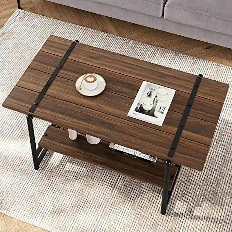 2-Tier Farmhouse Industrial Coffee Table with Lower Storage Shelf Steel Frame